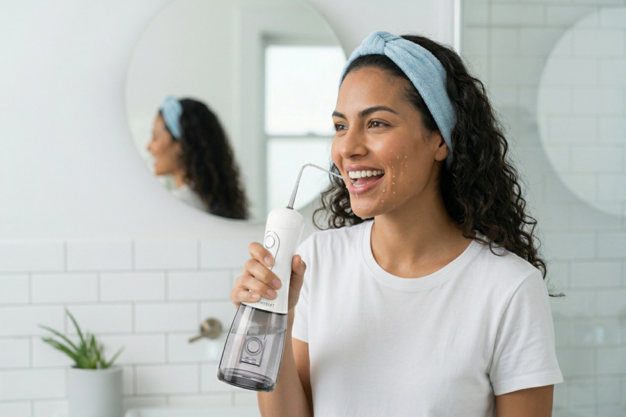 Woman using a handheld device in a bathroom setting