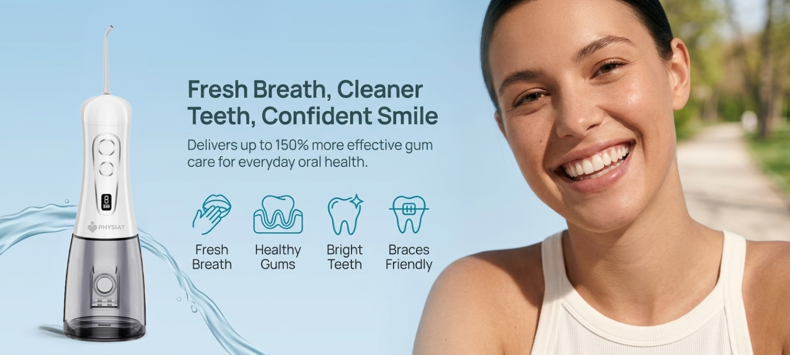Woman with a confident smile next to an dental water flosser with text about dental health benefits.