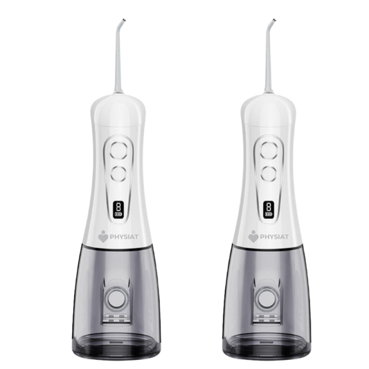 Two white and gray dental water flossers with visible branding on a white background